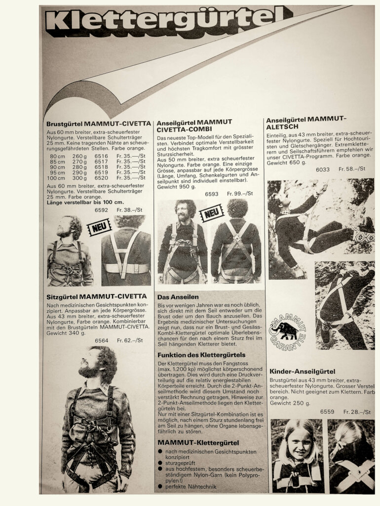 Innovativ: Die ersten „Klettergürtel“ von Albert Wenk. Als Fotomodell links im Bild Albert Wenk. Katalog Arova-Mammut 1987.