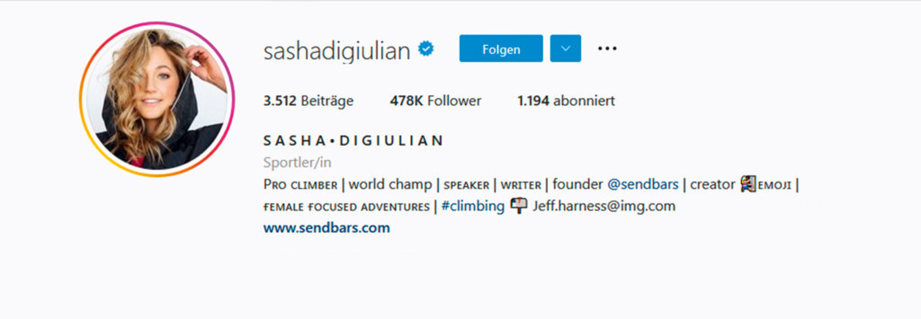 Instagramaccount der amerikanischen Kletterin Sasha DiGiulian