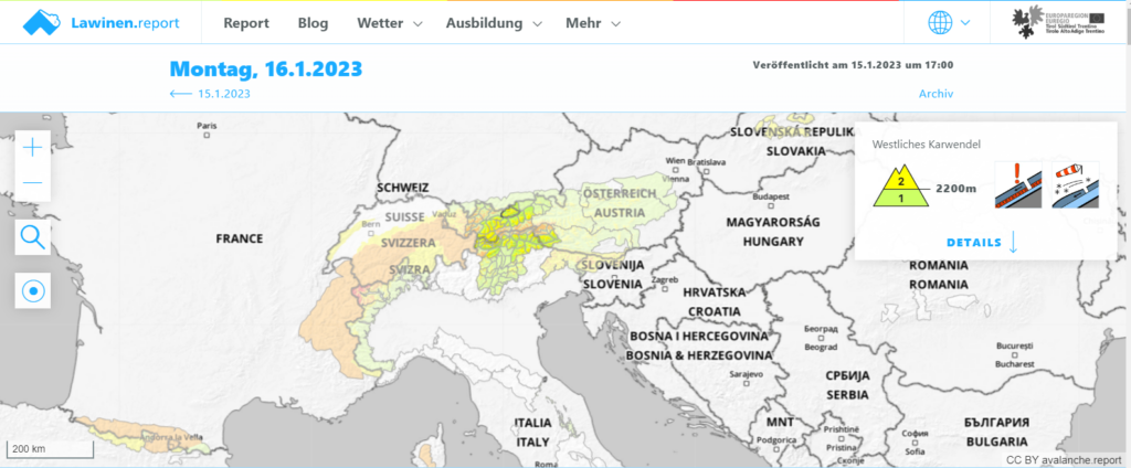 EUREGIO Lawinenreport: länderübergreifende Karte mit Lawinenwarnstufen 