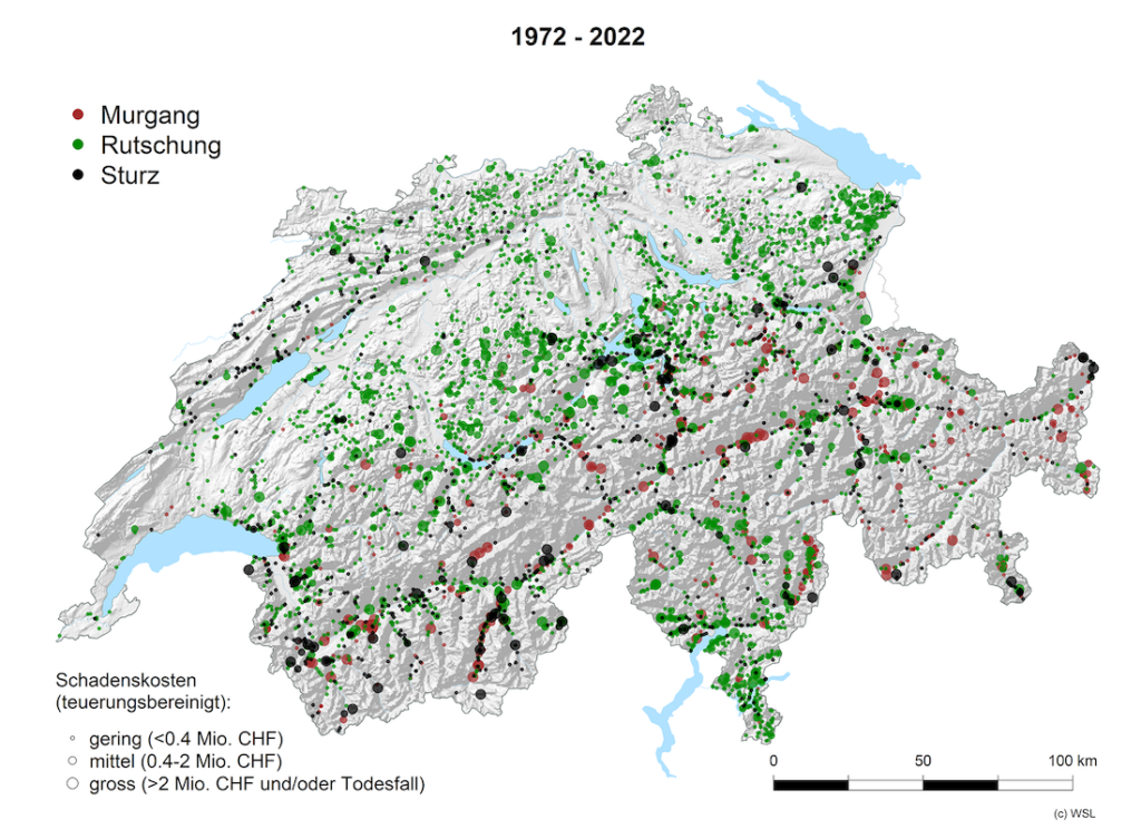 Alle Murgänge, Rutschungen und Stürze aus den Jahren 1972 bis 2022, die Schäden verursacht haben, basierend auf Medienberichten. Quelle: WSL-Unwetterschadens-Datenbank der Schweiz