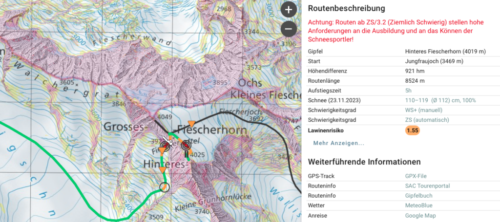 Beispielhafter Kartenausschnitt vom Hinterem Fiescherhorn (4019 m) in den Berner Alpen. 